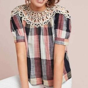 Anthropologie Plaid & Crochet Shoulder Blouse Size M